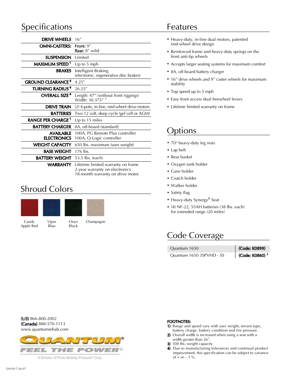 Specifications features options shroud colors, Code coverage | Pride Mobility Quantum 1650 User Manual | Page 2 / 2