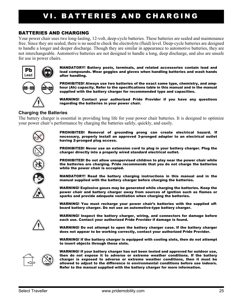 Vi. batteries and charging | Pride Mobility Jazzy Select Series User Manual | Page 25 / 39