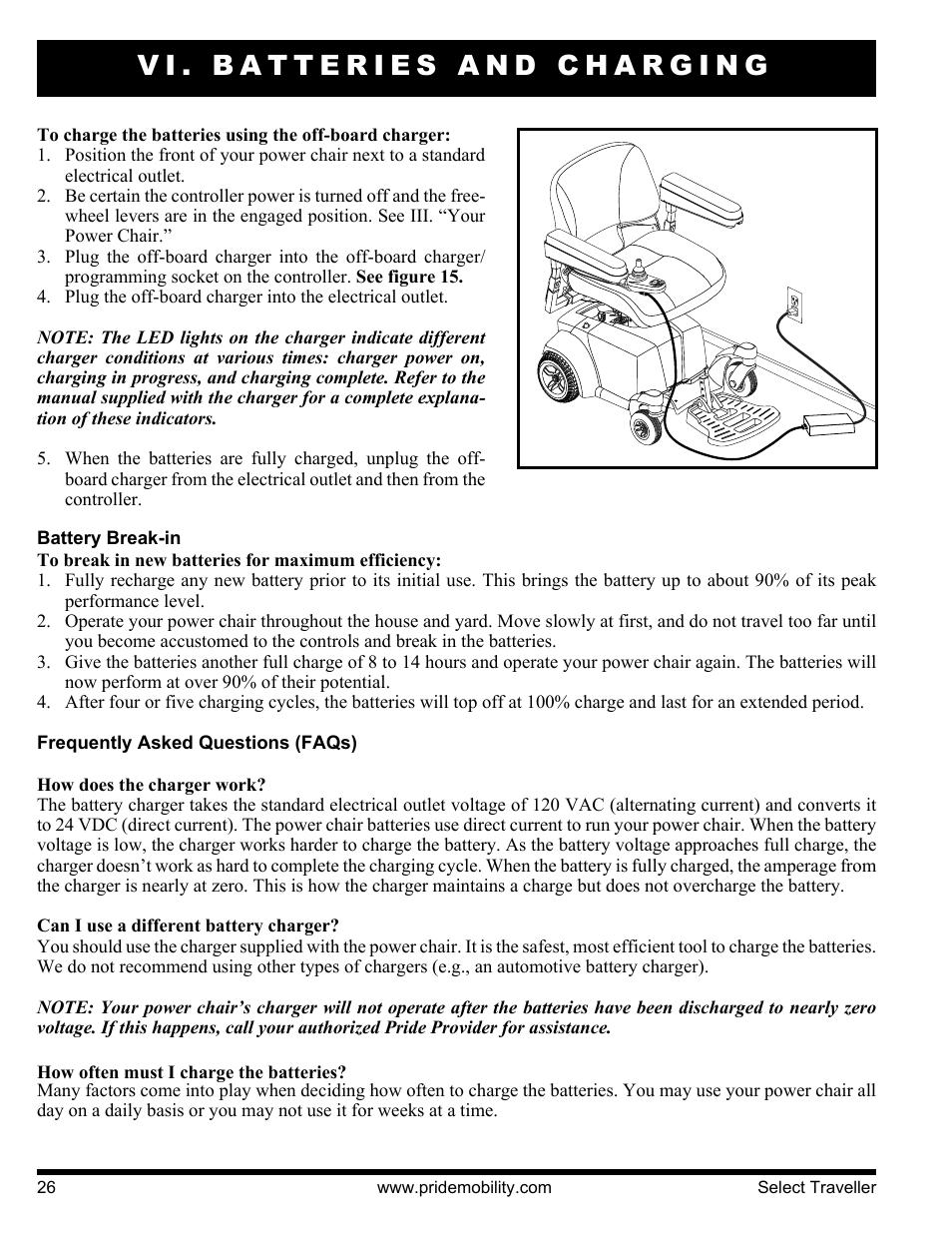 Vi. batteries and charging | Pride Mobility Jazzy Select Series User Manual | Page 26 / 39