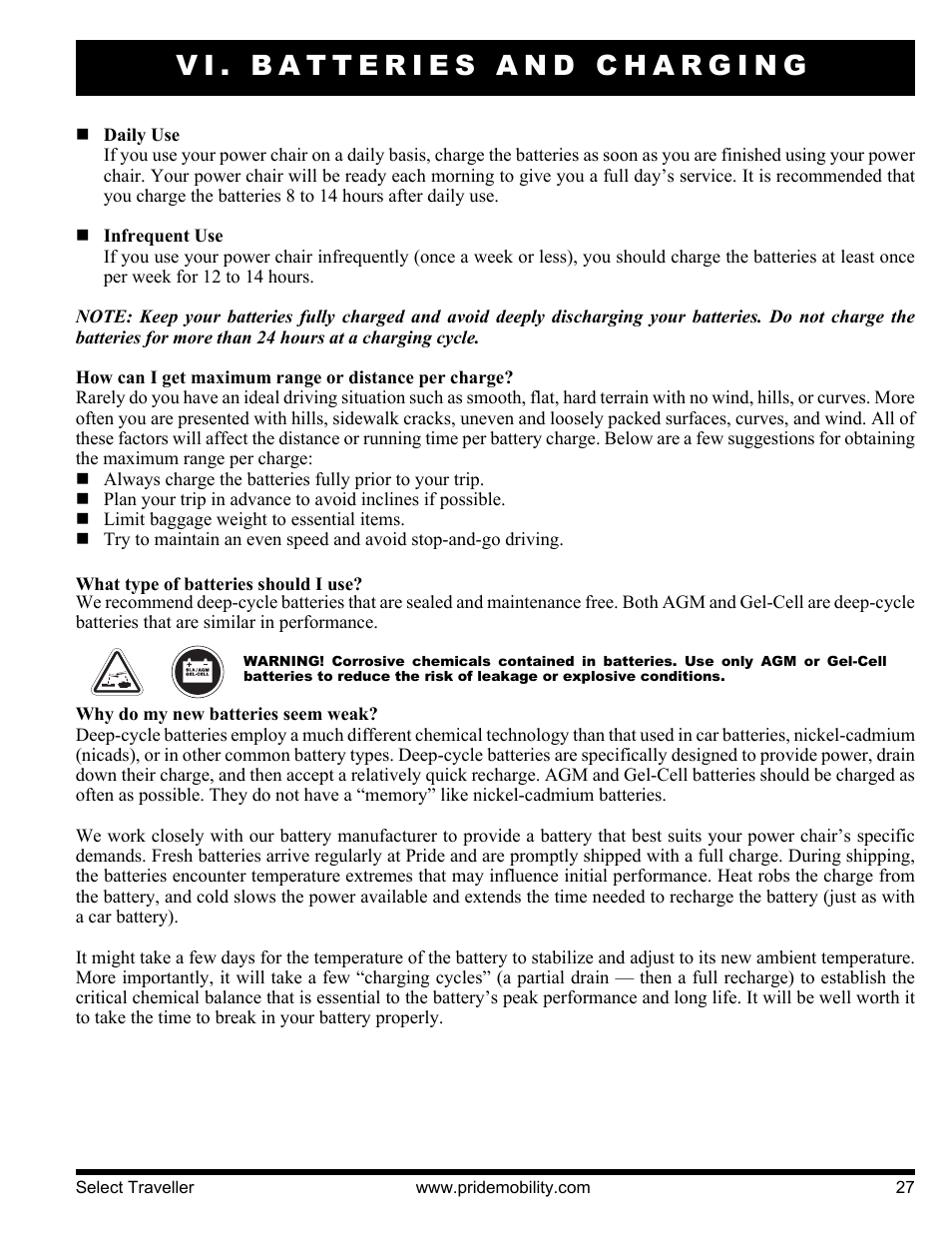 Vi. batteries and charging | Pride Mobility Jazzy Select Series User Manual | Page 27 / 39