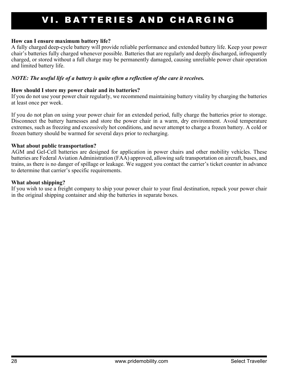 Vi. batteries and charging | Pride Mobility Jazzy Select Series User Manual | Page 28 / 39