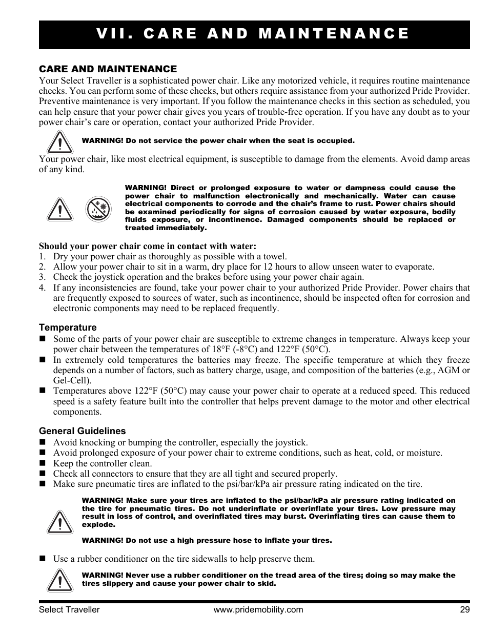 Vii. care and maintenance | Pride Mobility Jazzy Select Series User Manual | Page 29 / 39