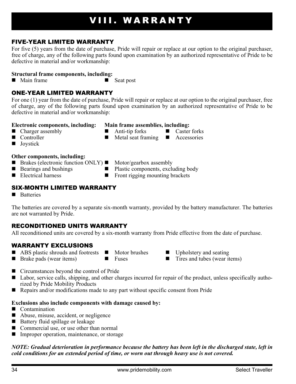 Viii. warranty | Pride Mobility Jazzy Select Series User Manual | Page 34 / 39