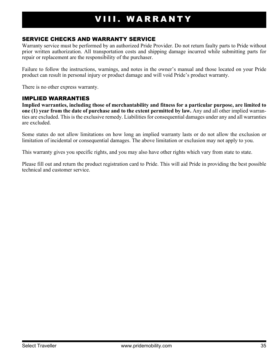 Viii. warranty | Pride Mobility Jazzy Select Series User Manual | Page 35 / 39