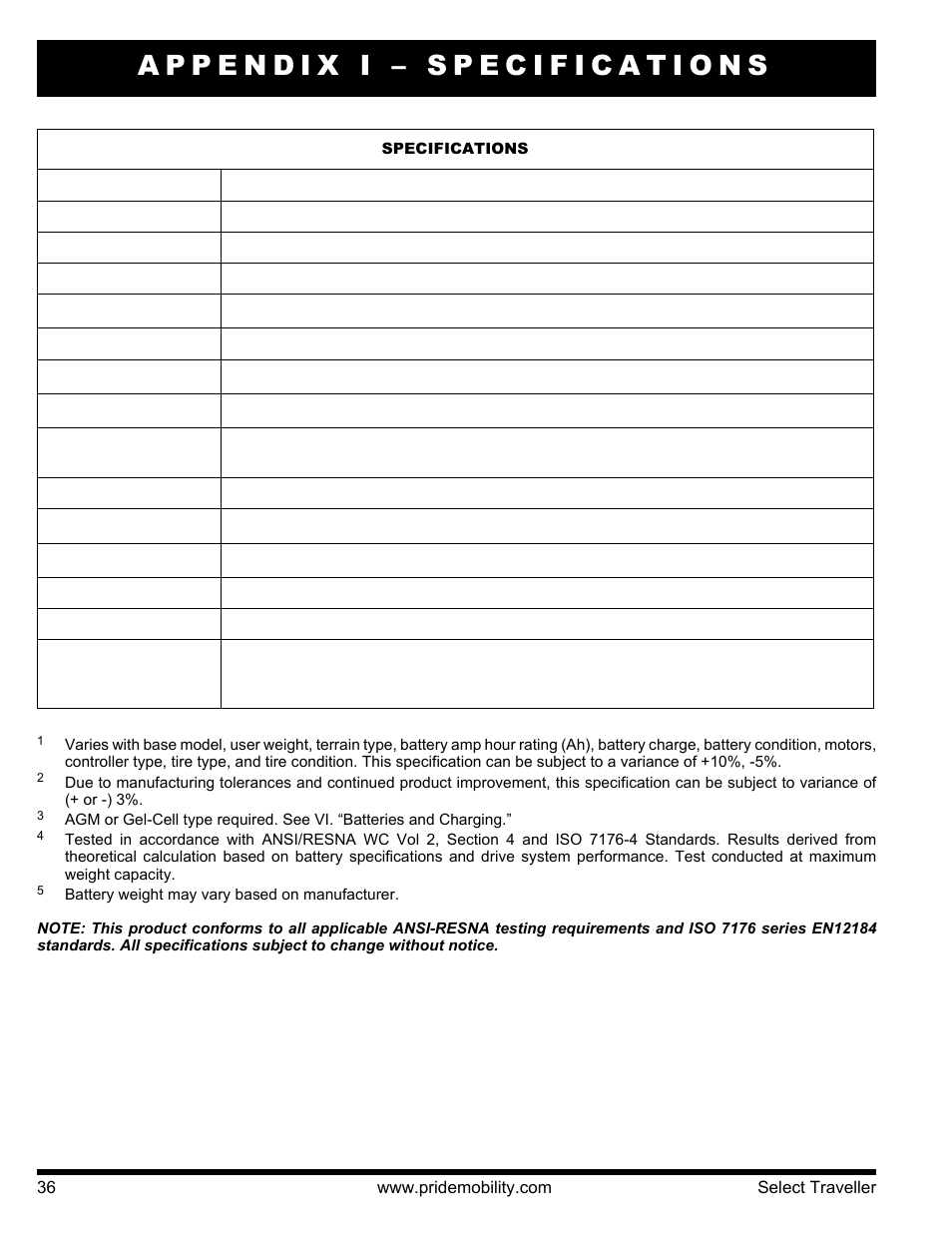 Appendix i – specifications | Pride Mobility Jazzy Select Series User Manual | Page 36 / 39