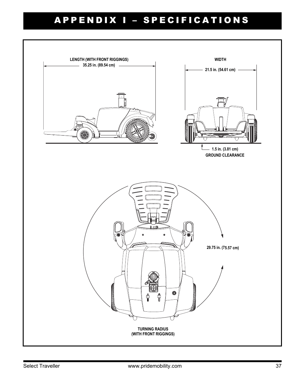 Appendix i – specifications | Pride Mobility Jazzy Select Series User Manual | Page 37 / 39