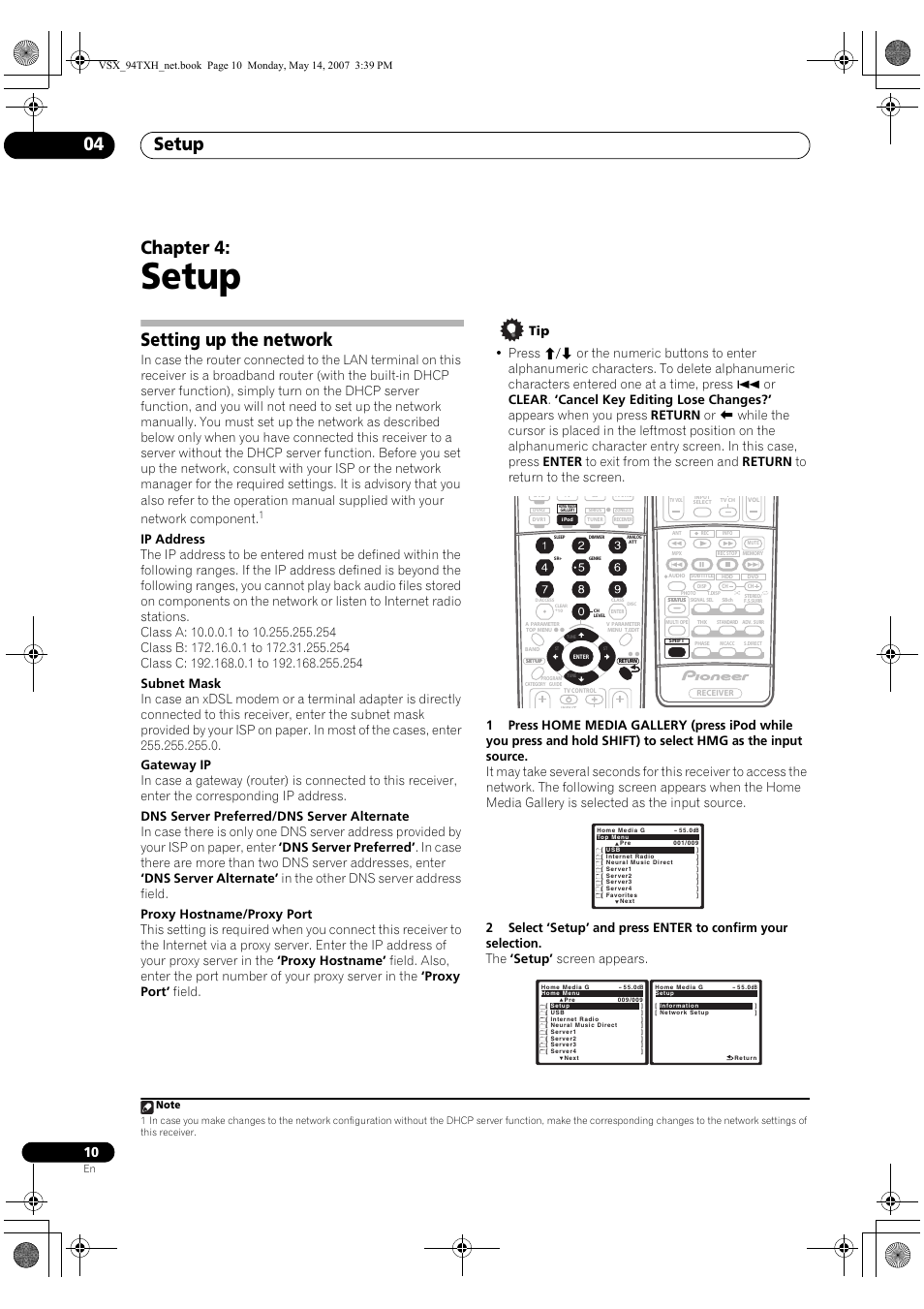 Setup, Setup 04, Chapter 4 | Setting up the network | Pioneer Industrial VSX-94-TXH User Manual | Page 10 / 18