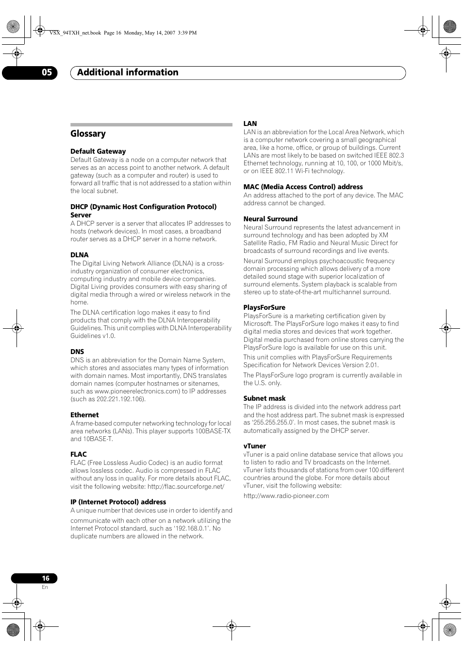 Additional information 05, Glossary | Pioneer Industrial VSX-94-TXH User Manual | Page 16 / 18