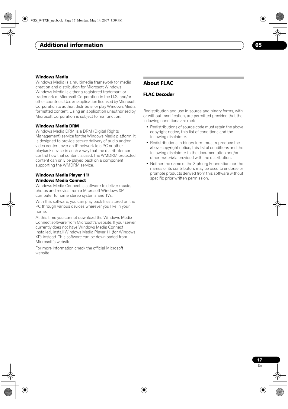 Additional information 05, About flac | Pioneer Industrial VSX-94-TXH User Manual | Page 17 / 18