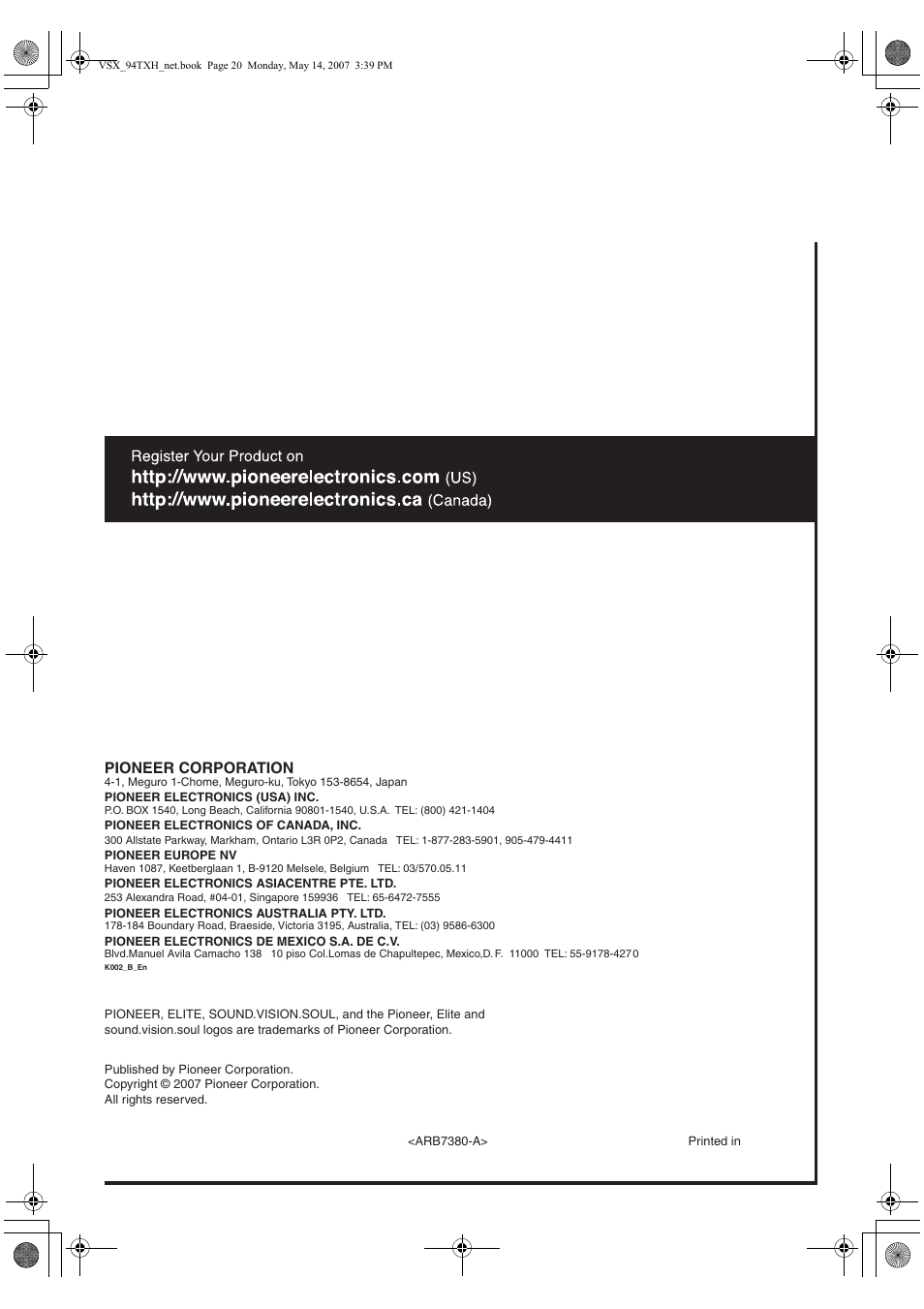 Pioneer corporation | Pioneer Industrial VSX-94-TXH User Manual | Page 18 / 18