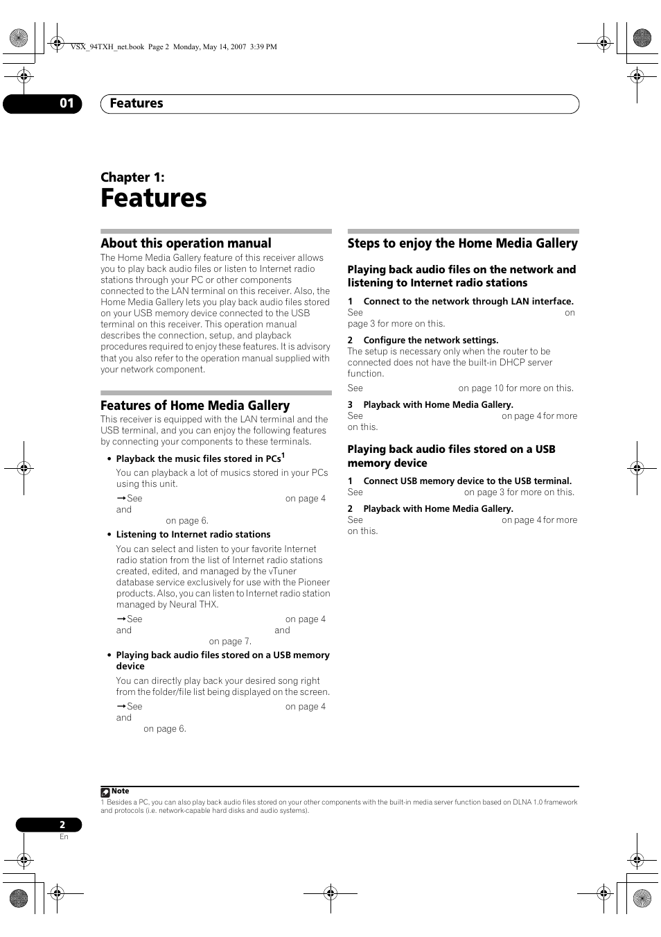 Features, Features 01, Chapter 1 | About this operation manual, Features of home media gallery, Steps to enjoy the home media gallery | Pioneer Industrial VSX-94-TXH User Manual | Page 2 / 18