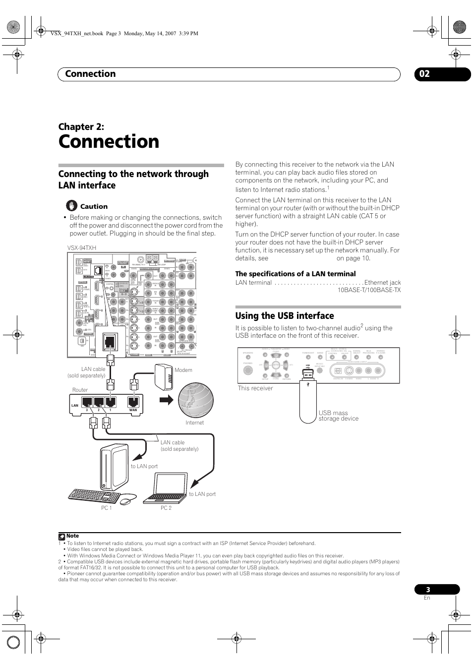 Connection, Connection 02, Chapter 2 | Connecting to the network through lan interface, Using the usb interface, The specifications of a lan terminal, It is possible to listen to two-channel audio, Vsx-94txh, Usb mass storage device this receiver, Lan cable (sold separately) | Pioneer Industrial VSX-94-TXH User Manual | Page 3 / 18