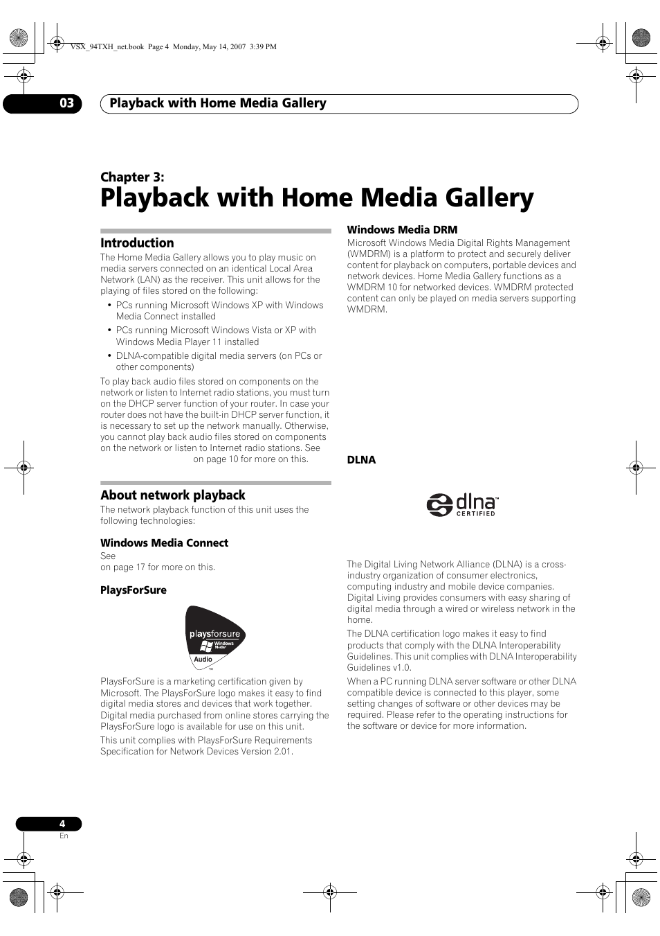 Playback with home media gallery, Playback with home media gallery 03, Chapter 3 | Introduction, About network playback | Pioneer Industrial VSX-94-TXH User Manual | Page 4 / 18