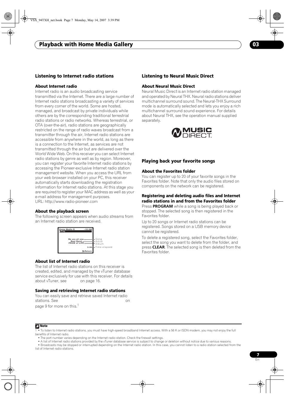 Playback with home media gallery 03, Listening to internet radio stations, Listening to neural music direct | Playing back your favorite songs | Pioneer Industrial VSX-94-TXH User Manual | Page 7 / 18