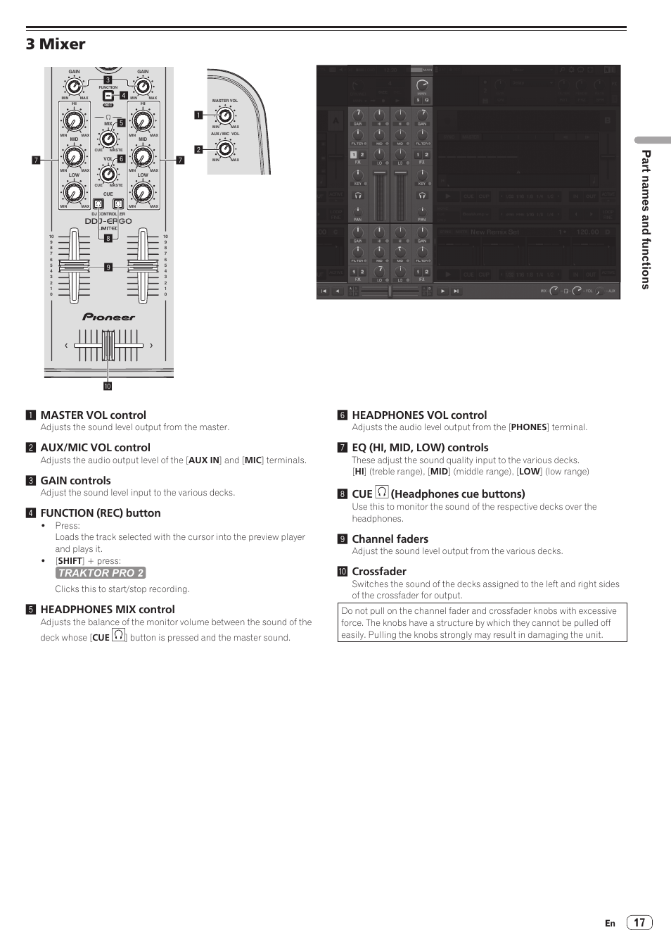 3 mixer, Part names and functions, 1master vol control | 2aux/mic vol control, 3gain controls, 4function (rec) button, 5headphones mix control, 6headphones vol control, 7eq (hi, mid, low) controls, 8cue (headphones cue buttons) | Pioneer Industrial DDJ-ERGO-K User Manual | Page 17 / 31