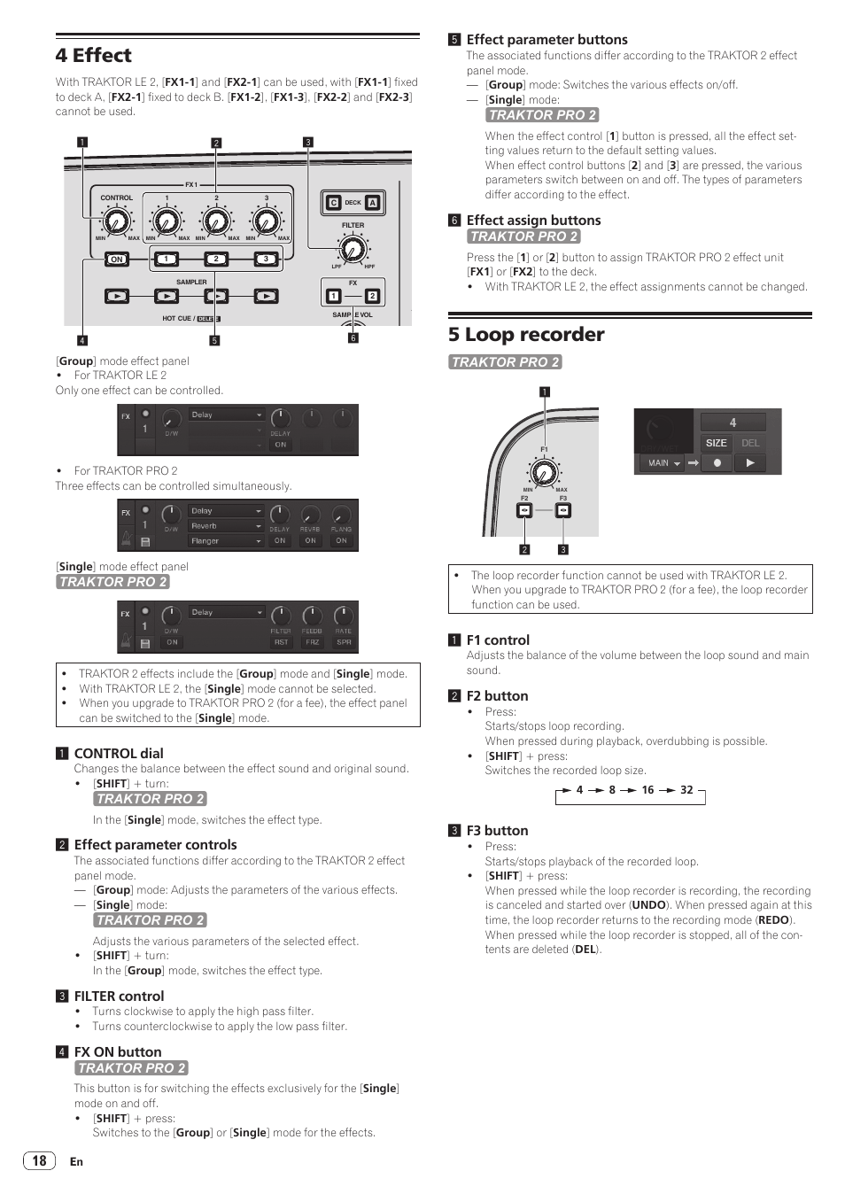 4 effect, 5 loop recorder, 1control dial | 2effect parameter controls, 3filter control, 4fx on button, 5effect parameter buttons, 6effect assign buttons, 1f1 control, 2f2 button | Pioneer Industrial DDJ-ERGO-K User Manual | Page 18 / 31