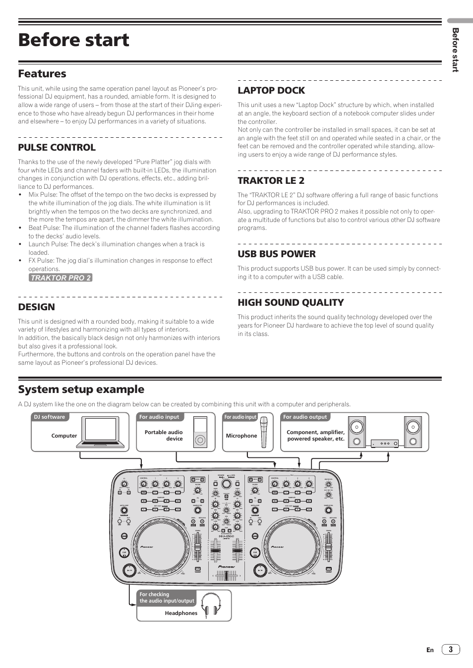 Before start, Features, System setup example | Pulse control, Design, Laptop dock, Traktor le 2, Usb bus power, High sound quality, Traktor pro 2 | Pioneer Industrial DDJ-ERGO-K User Manual | Page 3 / 31