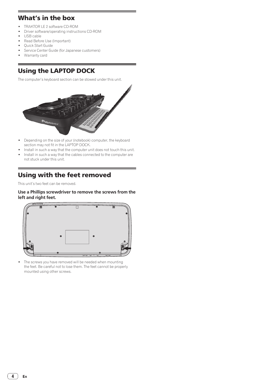 What’s in the box, Using the laptop dock, Using with the feet removed | Pioneer Industrial DDJ-ERGO-K User Manual | Page 4 / 31