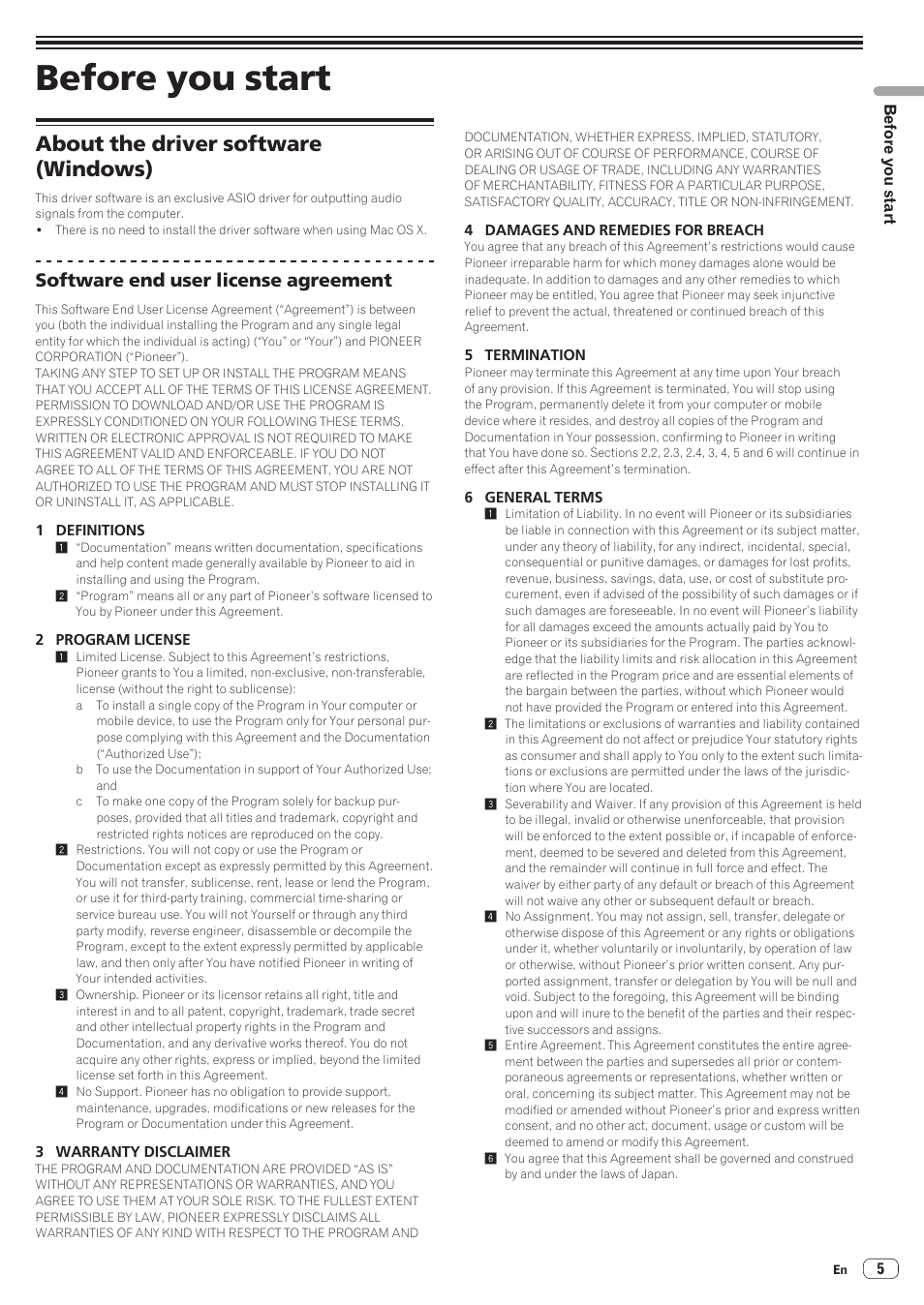 Before you start, About the driver software (windows), Software end user license agreement | Pioneer Industrial DDJ-ERGO-K User Manual | Page 5 / 31