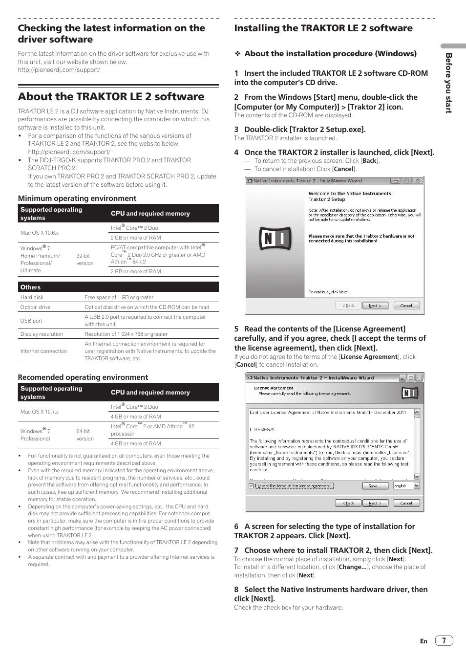 About the traktor le 2 software, Installing the traktor le 2 software, Before you start | Pioneer Industrial DDJ-ERGO-K User Manual | Page 7 / 31