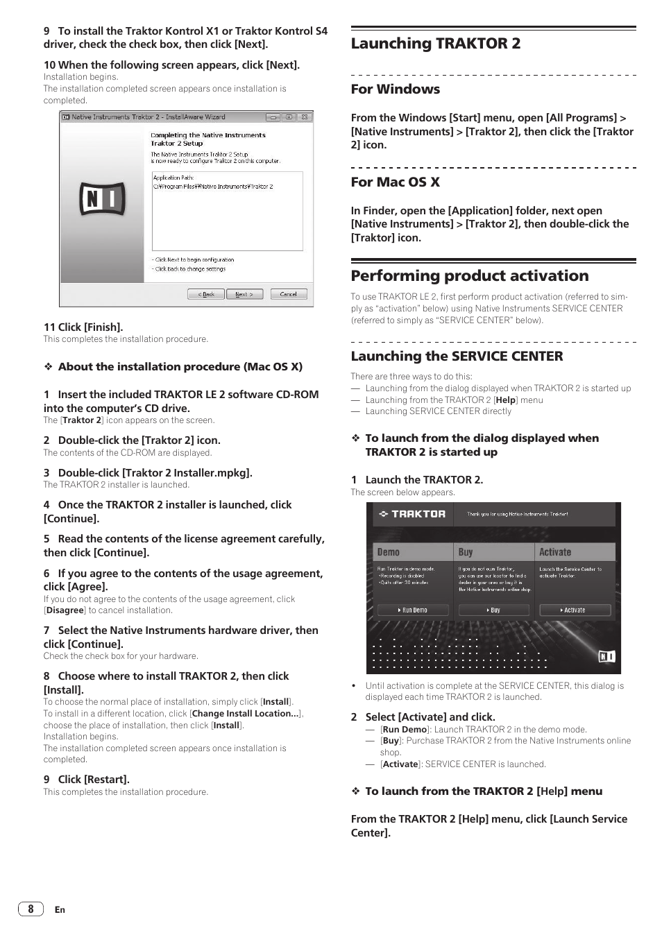 Launching traktor 2, Performing product activation, For windows | For mac os x, Launching the service center | Pioneer Industrial DDJ-ERGO-K User Manual | Page 8 / 31