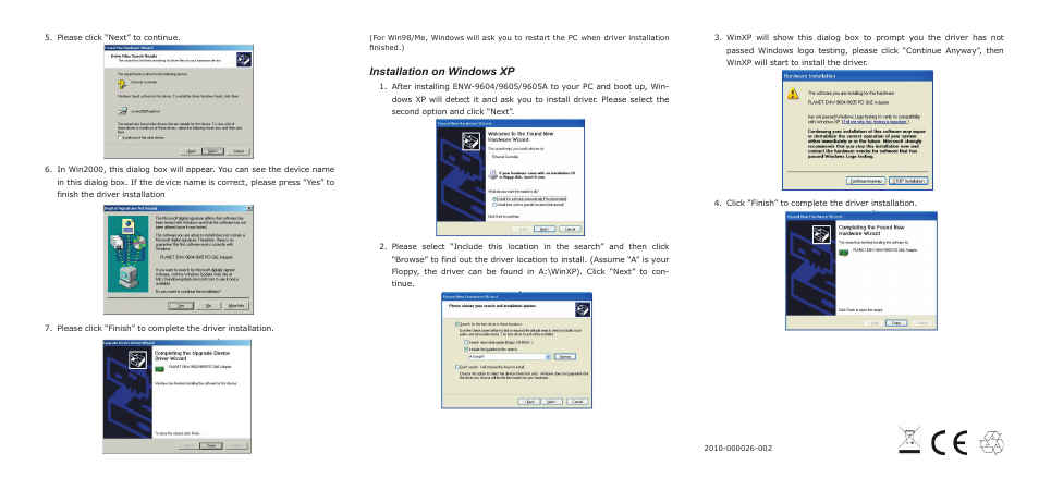 Installation on windows xp | Planet Technology ENW-9604 User Manual | Page 2 / 2