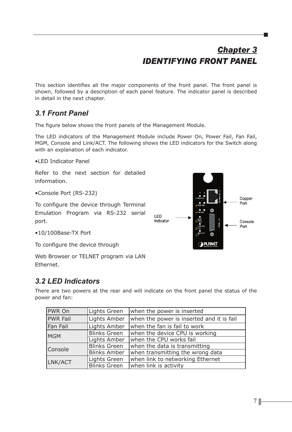 Chapter 3 identifying front panel, 1 front panel, 2 led indicators | Planet Technology LCD MONITOR 170S8FS User Manual | Page 10 / 26