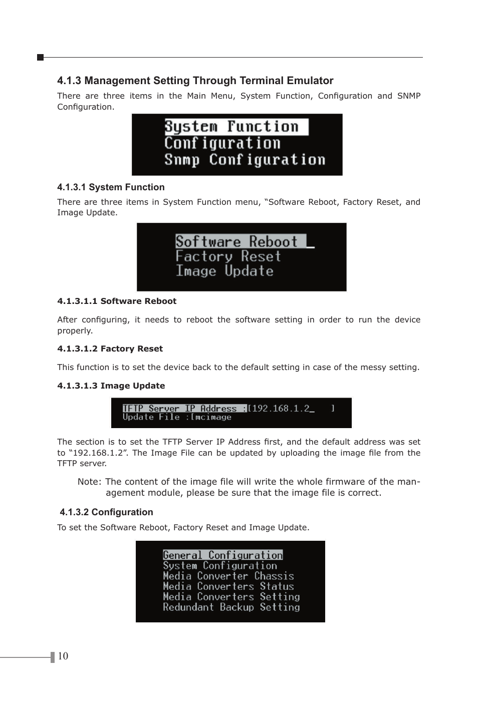 3 management setting through terminal emulator, 1 system function, 1 software reboot | 2 factory reset, 3 image update, 2 configuration | Planet Technology LCD MONITOR 170S8FS User Manual | Page 13 / 26