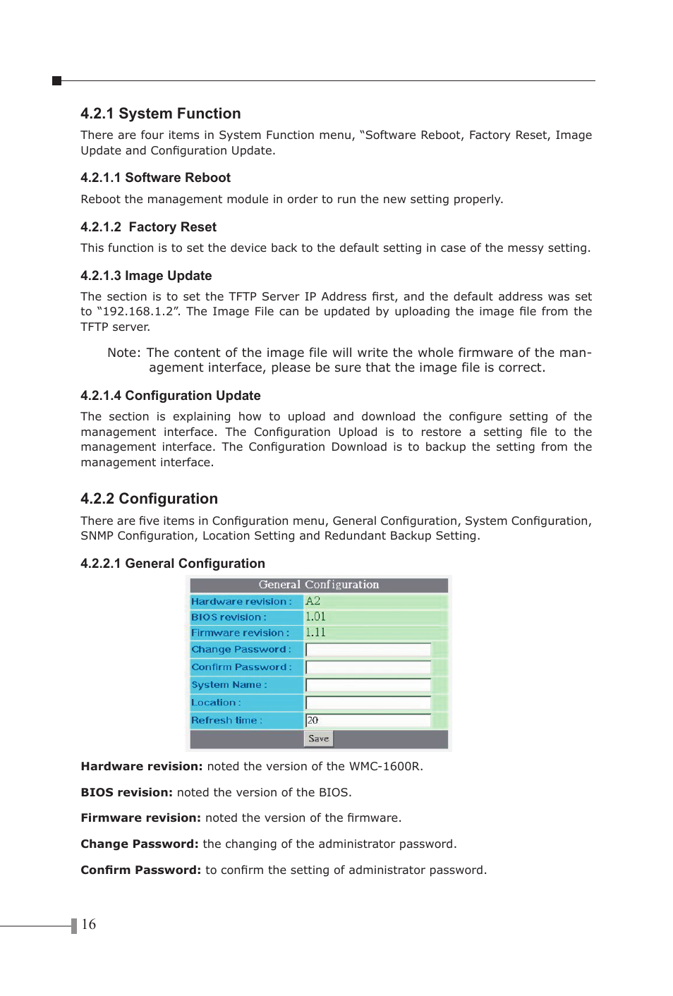 1 system function, 1 software reboot, 2 factory reset | 3 image update, 4 configuration update, 2 configuration, 1 general configuration | Planet Technology LCD MONITOR 170S8FS User Manual | Page 19 / 26