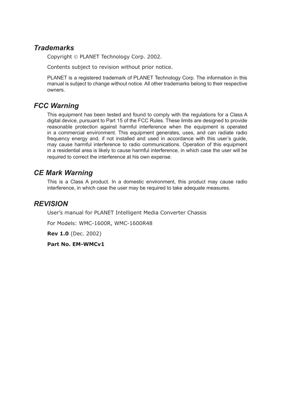 Trademarks, Fcc warning, Ce mark warning | Revision | Planet Technology LCD MONITOR 170S8FS User Manual | Page 2 / 26