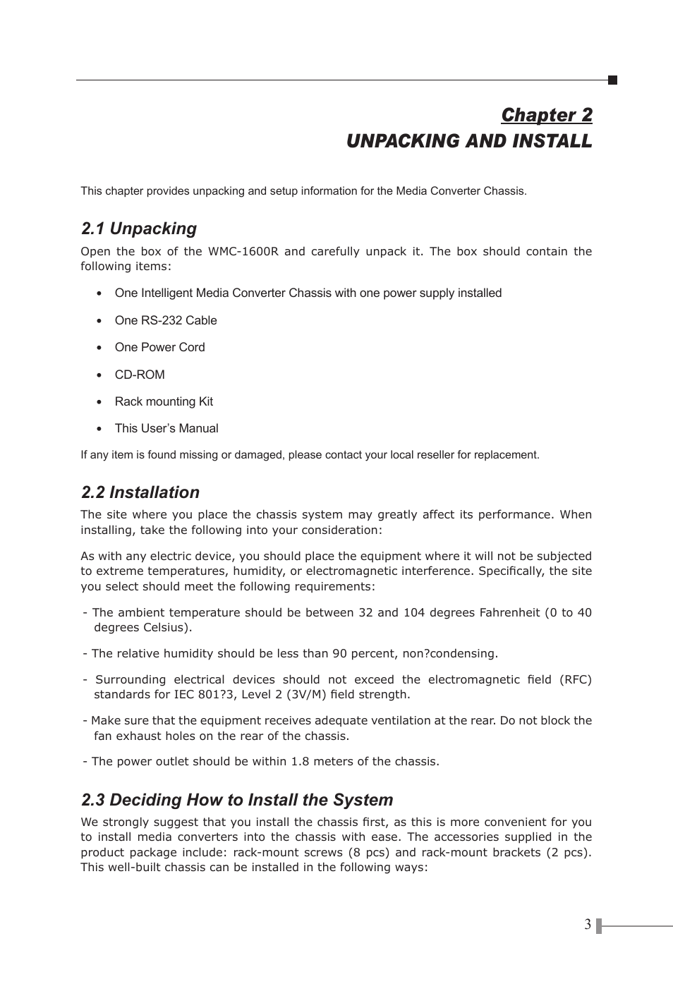 Chapter 2 unpacking and install, 1 unpacking, 2 installation | 3 deciding how to install the system | Planet Technology LCD MONITOR 170S8FS User Manual | Page 6 / 26