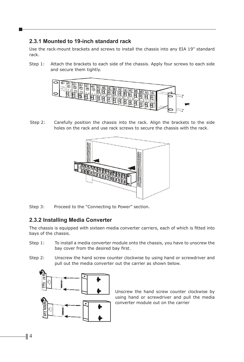 1 mounted to 19-inch standard rack, 2 installing media converter | Planet Technology LCD MONITOR 170S8FS User Manual | Page 7 / 26