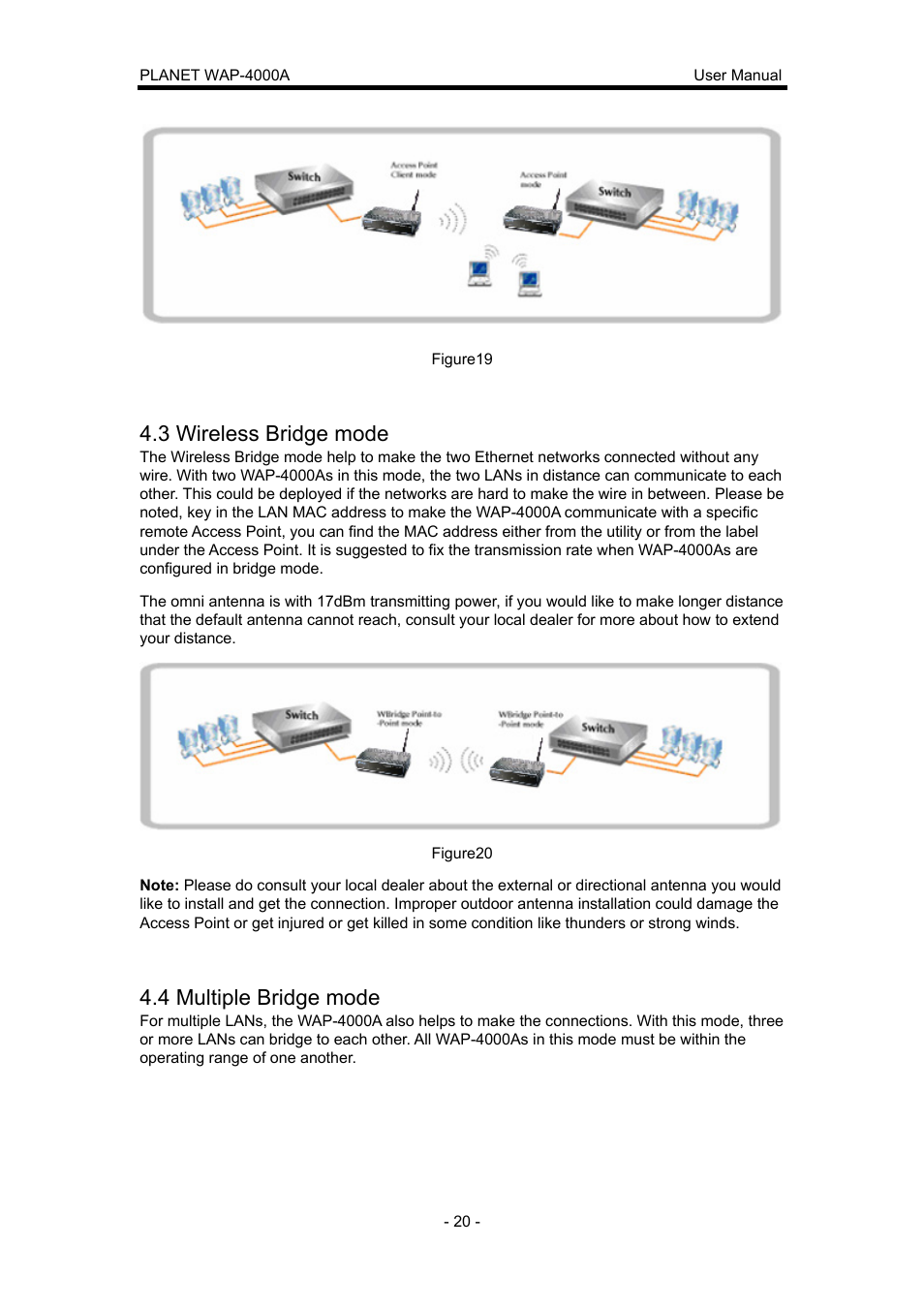 3 wireless bridge mode, 4 multiple bridge mode | Planet Technology WAP-4000A User Manual | Page 24 / 27