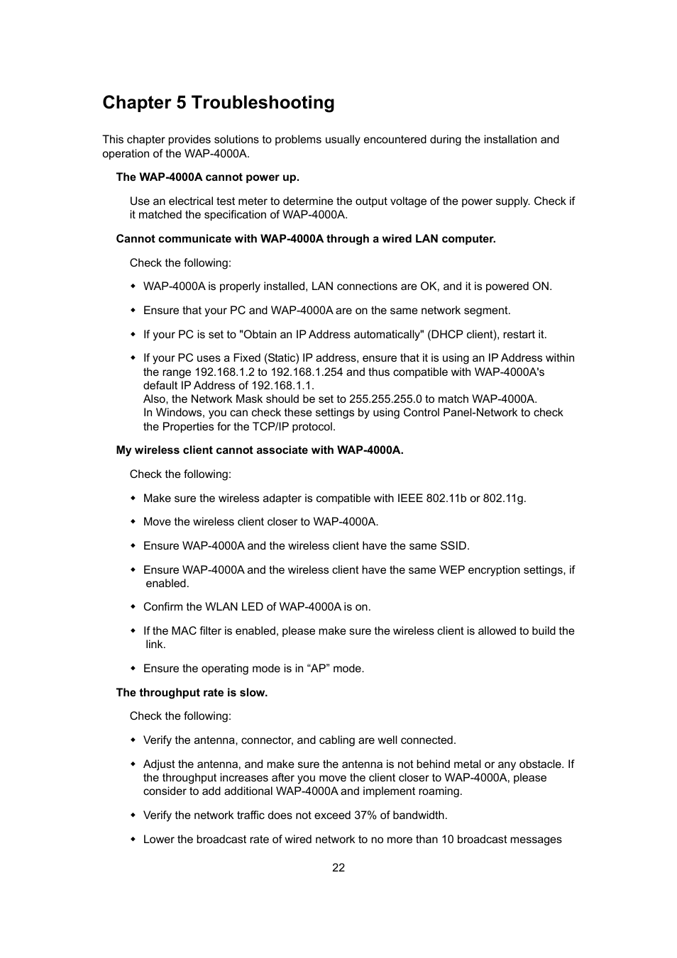 Chapter 5 troubleshooting | Planet Technology WAP-4000A User Manual | Page 26 / 27