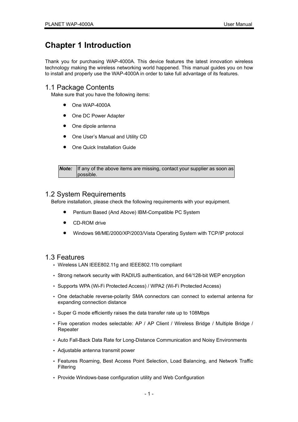Chapter 1 introduction, 1 package contents, 2 system requirements | 3 features | Planet Technology WAP-4000A User Manual | Page 5 / 27