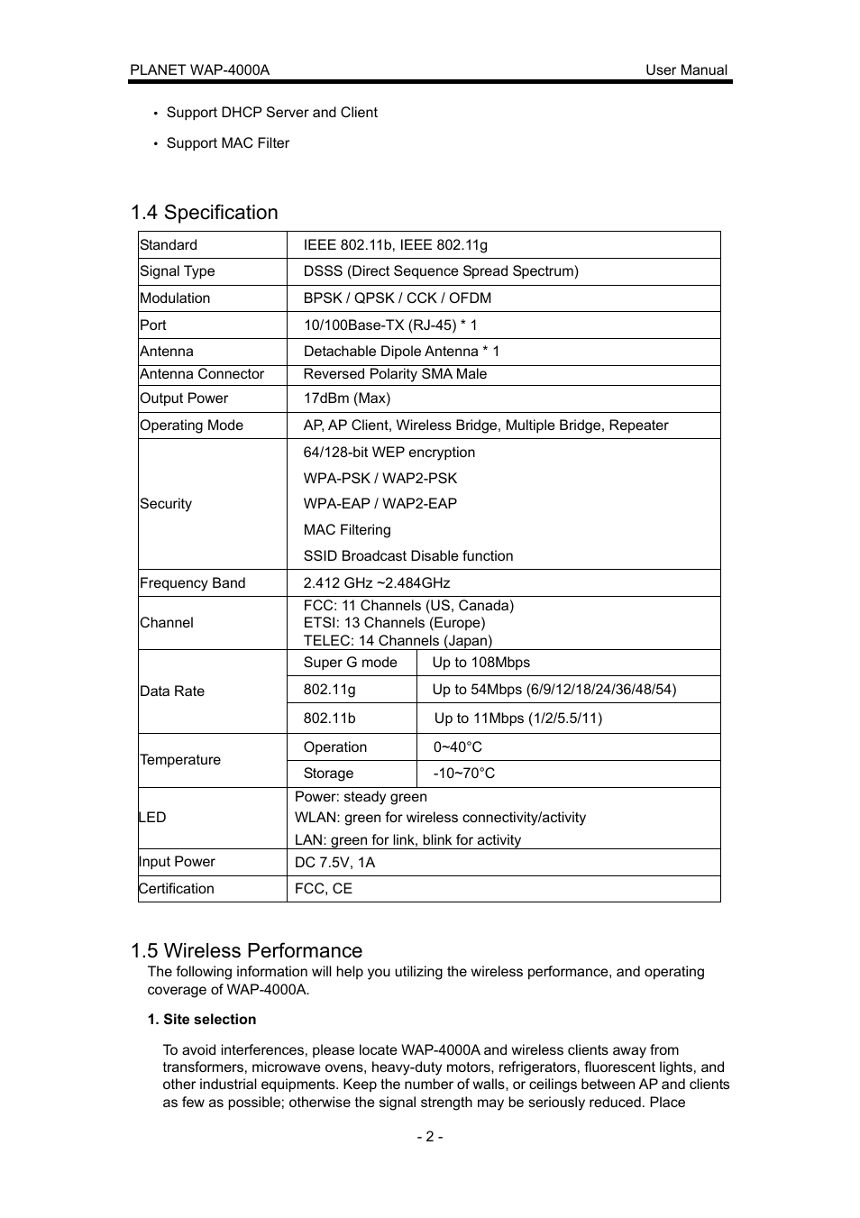 4 specification, 5 wireless performance | Planet Technology WAP-4000A User Manual | Page 6 / 27