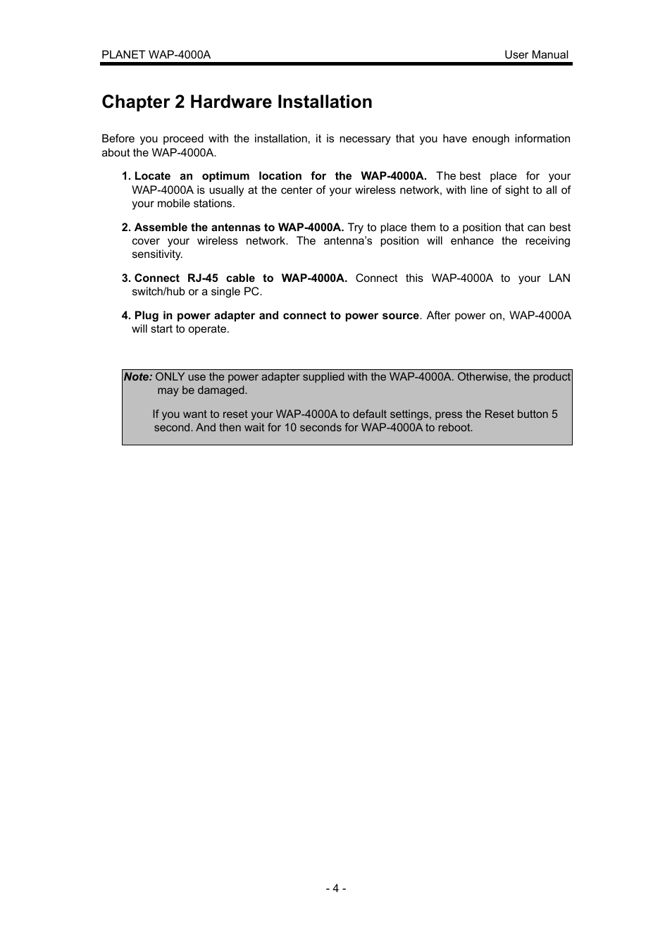 Chapter 2 hardware installation | Planet Technology WAP-4000A User Manual | Page 8 / 27