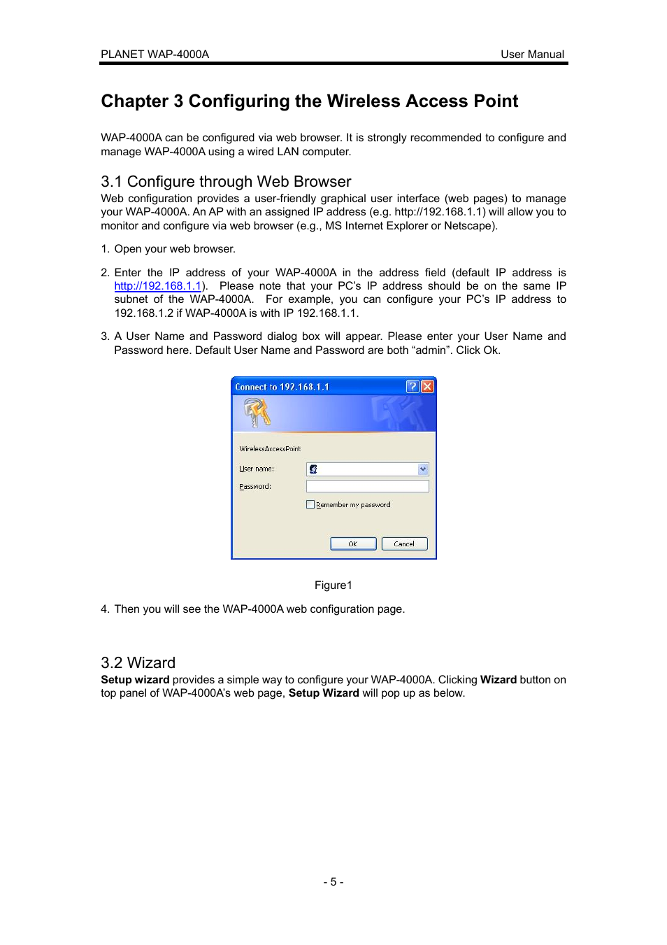 Chapter 3 configuring the wireless access point, 1 configure through web browser, 2 wizard | Planet Technology WAP-4000A User Manual | Page 9 / 27