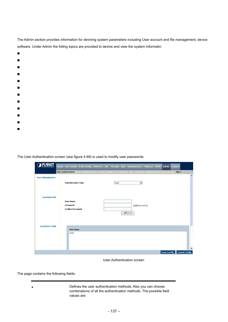 12 admin, 1 user authentication | Planet Technology WGSD-8000 User Manual | Page 137 / 382