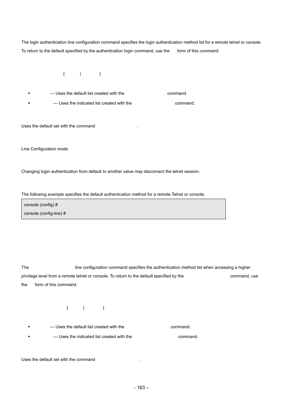 3 login authentication, 4 enable authentication, Syntax | Default configuration, Command mode, User guidelines, Example | Planet Technology WGSD-8000 User Manual | Page 163 / 382