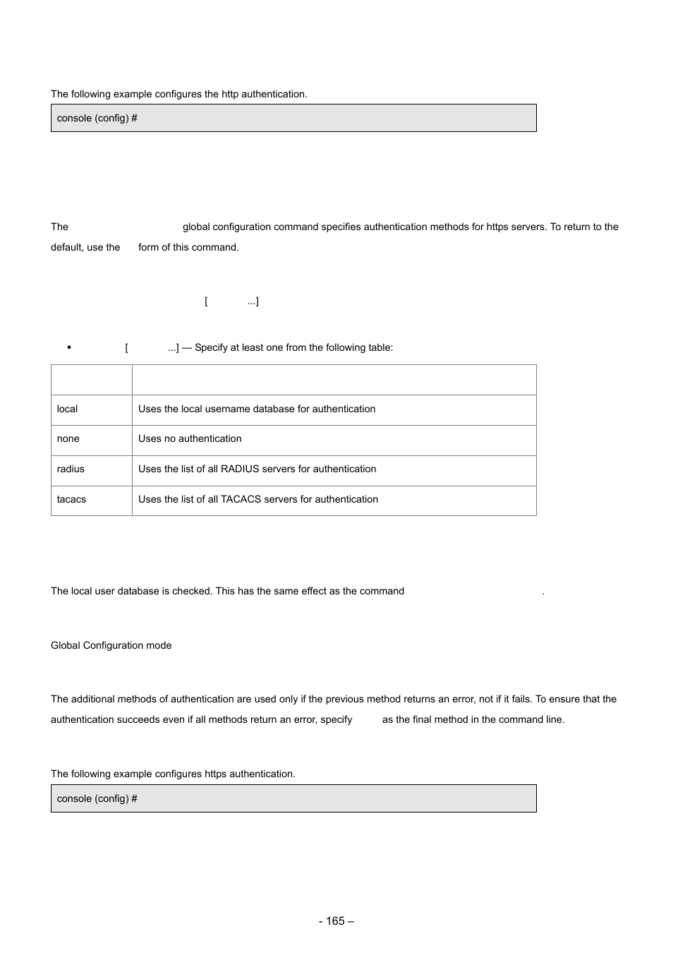 6 ip https authentication, Example, Syntax | Efault configuration, Command mode, User guidelines | Planet Technology WGSD-8000 User Manual | Page 165 / 382