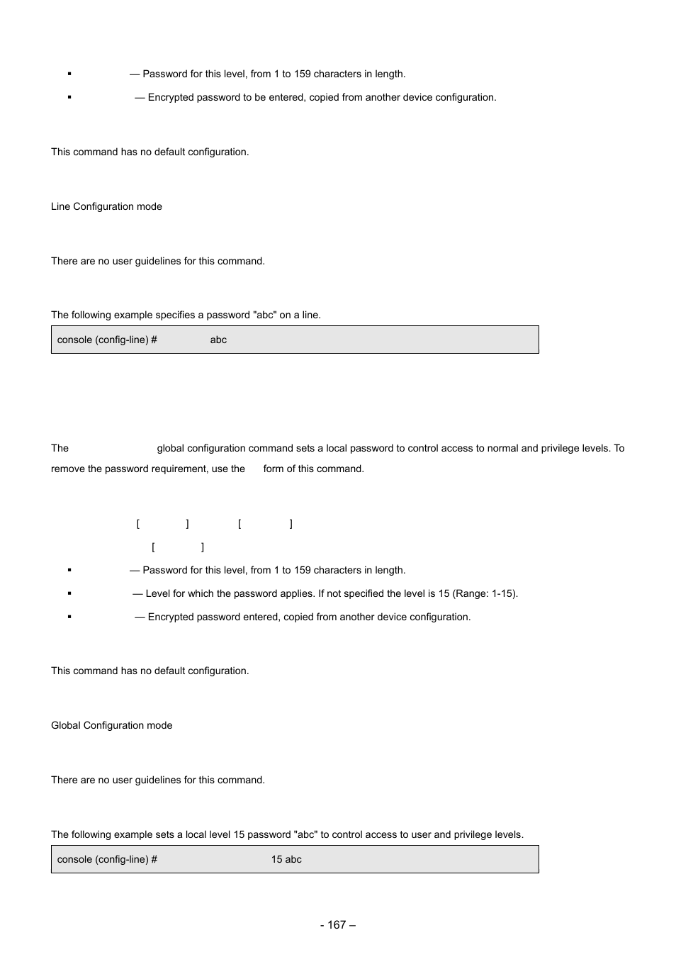 9 enable password, Default configuration, Command mode | User guidelines, Example, Syntax | Planet Technology WGSD-8000 User Manual | Page 167 / 382