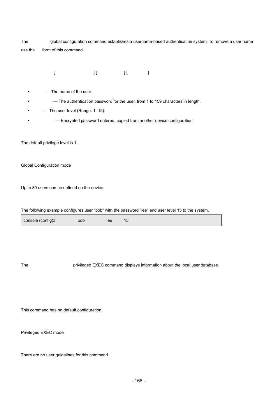 10 username, 11 show users accounts, Syntax | Default configuration, Command mode, User guidelines, Example | Planet Technology WGSD-8000 User Manual | Page 168 / 382