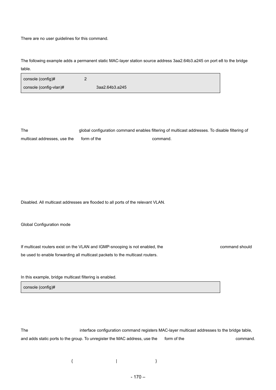 2 bridge multicast filtering, 3 bridge multicast address, User guidelines | Example, Syntax, Default configuration, Command mode | Planet Technology WGSD-8000 User Manual | Page 170 / 382