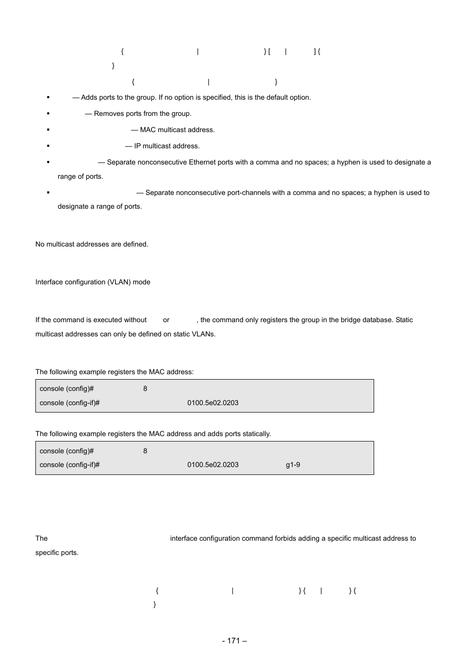 4 bridge multicast forbidden address, Default configuration, Command mode | User guidelines, Examples, Syntax | Planet Technology WGSD-8000 User Manual | Page 171 / 382