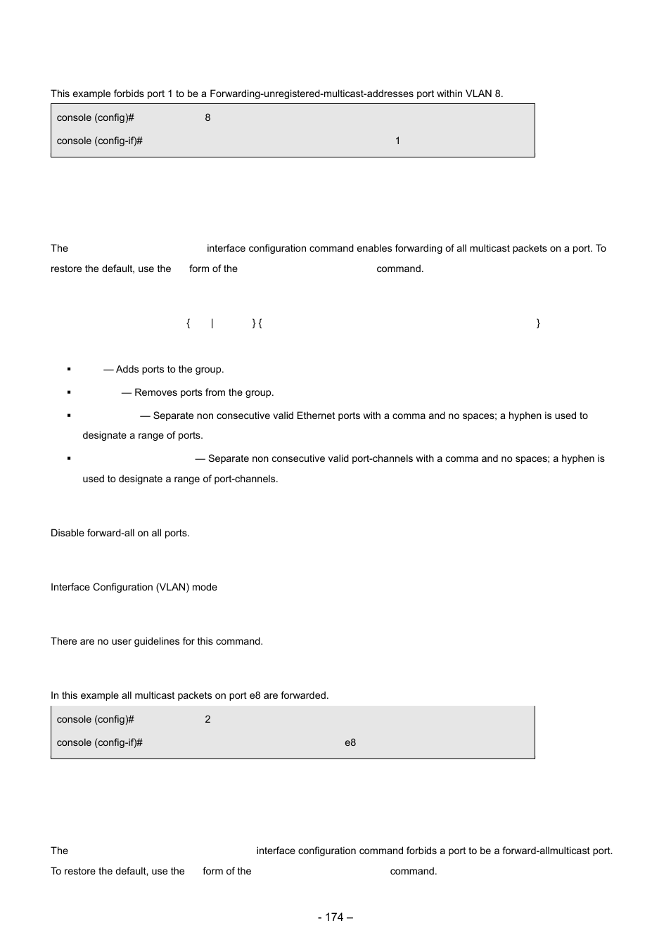 7 bridge multicast forward-all, 8 bridge multicast forbidden forward-all, Examples | Syntax, Default configuration, Command mode, User guidelines, Example | Planet Technology WGSD-8000 User Manual | Page 174 / 382