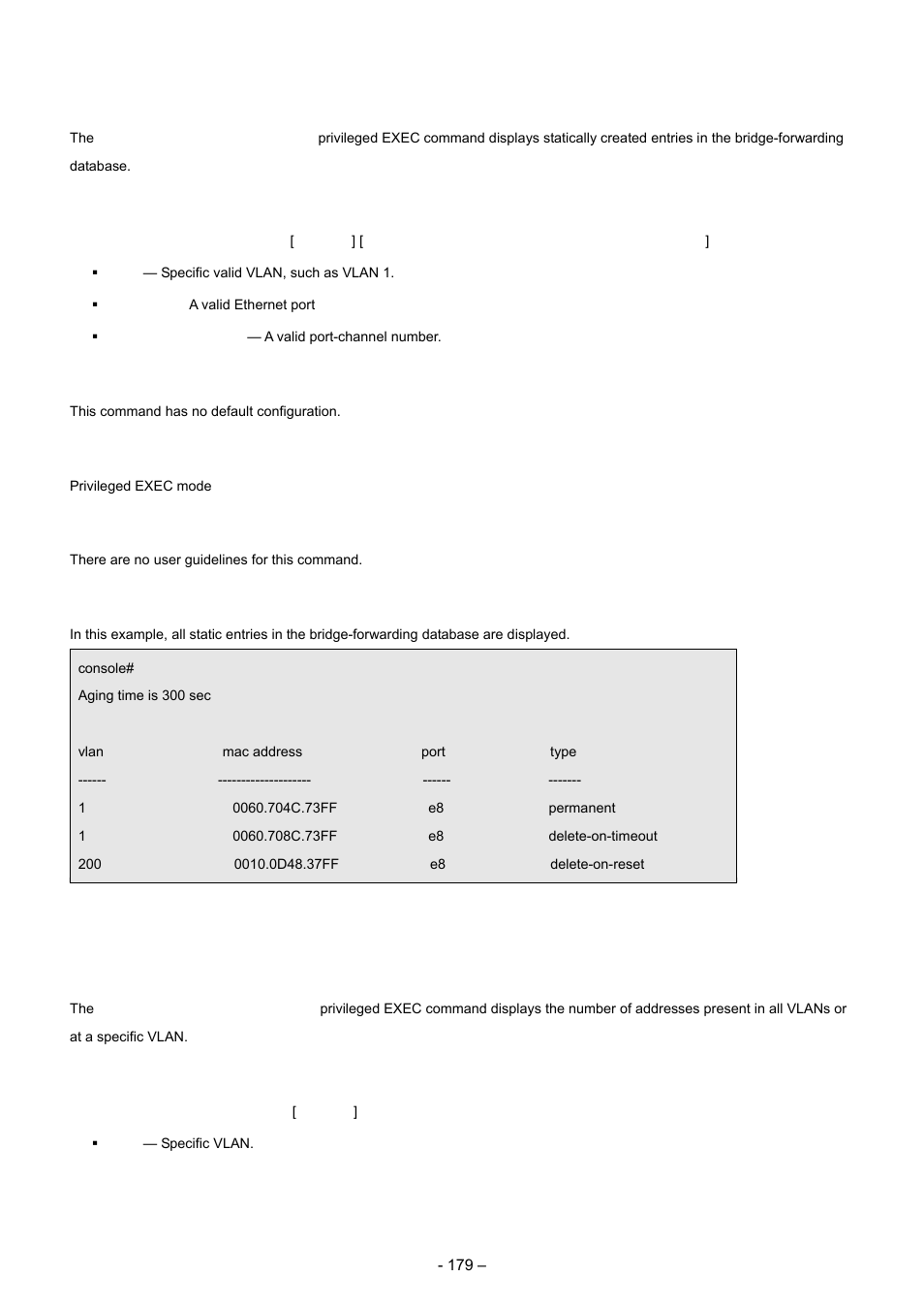 14 show bridge address-table static, 15 show bridge address-table count, Syntax | Default configuration, Command mode, User guidelines, Example | Planet Technology WGSD-8000 User Manual | Page 179 / 382