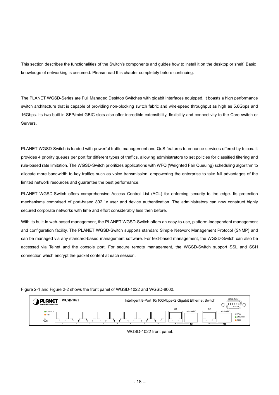 Installation, 1 product description, 1 product overview | 2 switch front panel | Planet Technology WGSD-8000 User Manual | Page 18 / 382