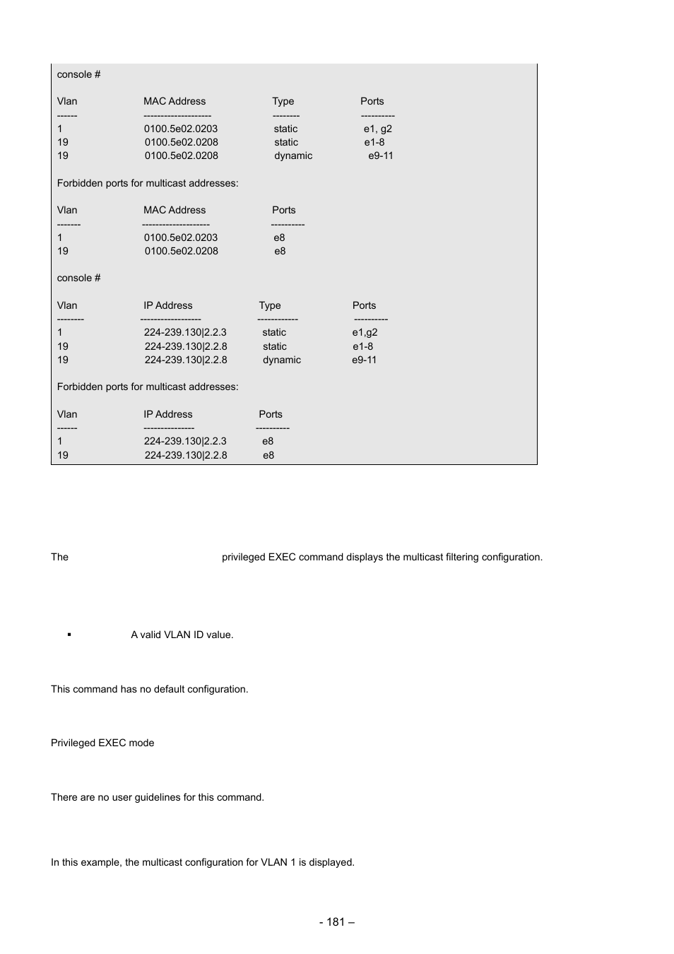 17 show bridge multicast filtering, Example | Planet Technology WGSD-8000 User Manual | Page 181 / 382