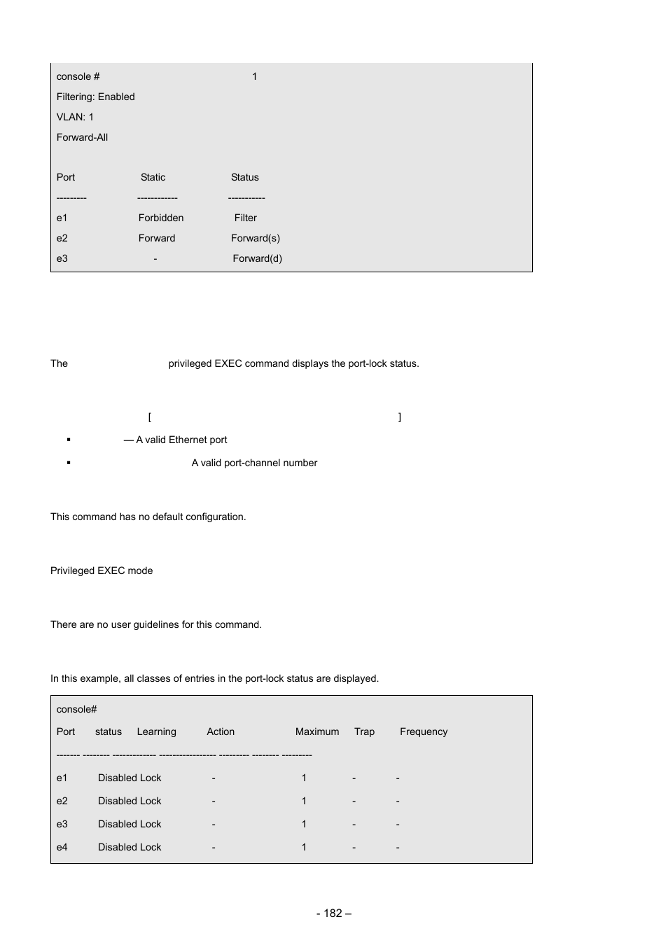 18 show ports security, 5 clock commands, Syntax | Default configuration, Command mode, User guidelines, Example | Planet Technology WGSD-8000 User Manual | Page 182 / 382